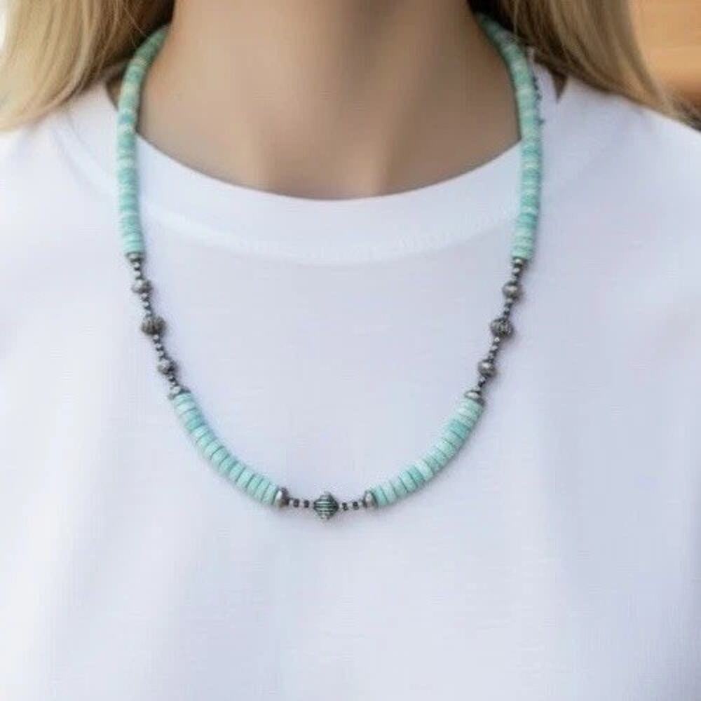 Turquoise Beaded Necklace Sterling Silver Navajo Pearl Style Western Boho 18–20” - Picture 2 of 10